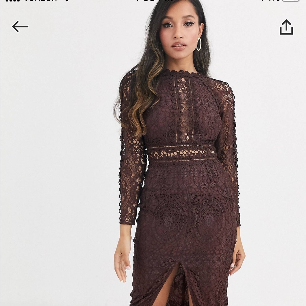 ASOS Petite Lace Midi Dress in Chocolate Brown, Size 6 Petite